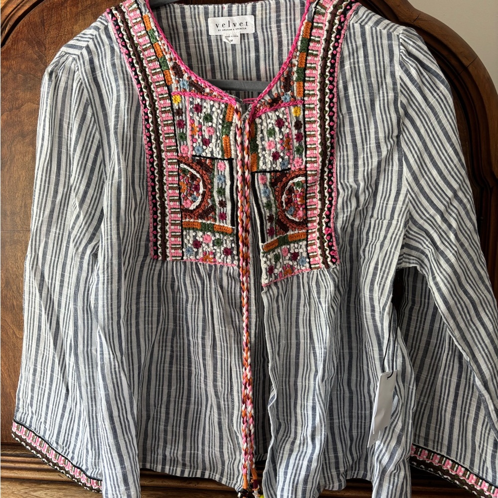 Velvet Multicolor Embroidered Striped Top